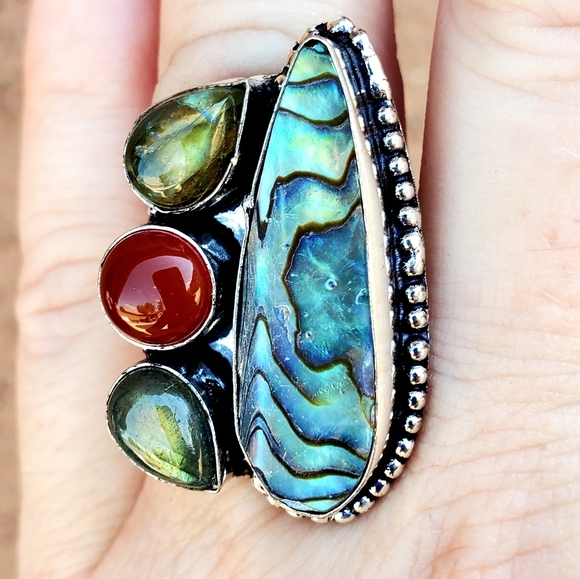 New Abalone Shell, Carnelian & Labradorite 925 Silver Ring. - Picture 9 of 16
